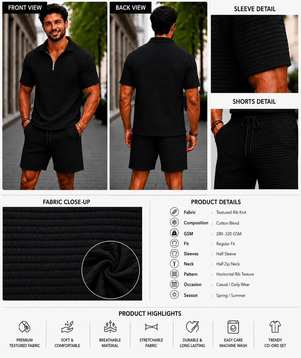 Black Textured Zip Polo Co-Ord Set - Image 2