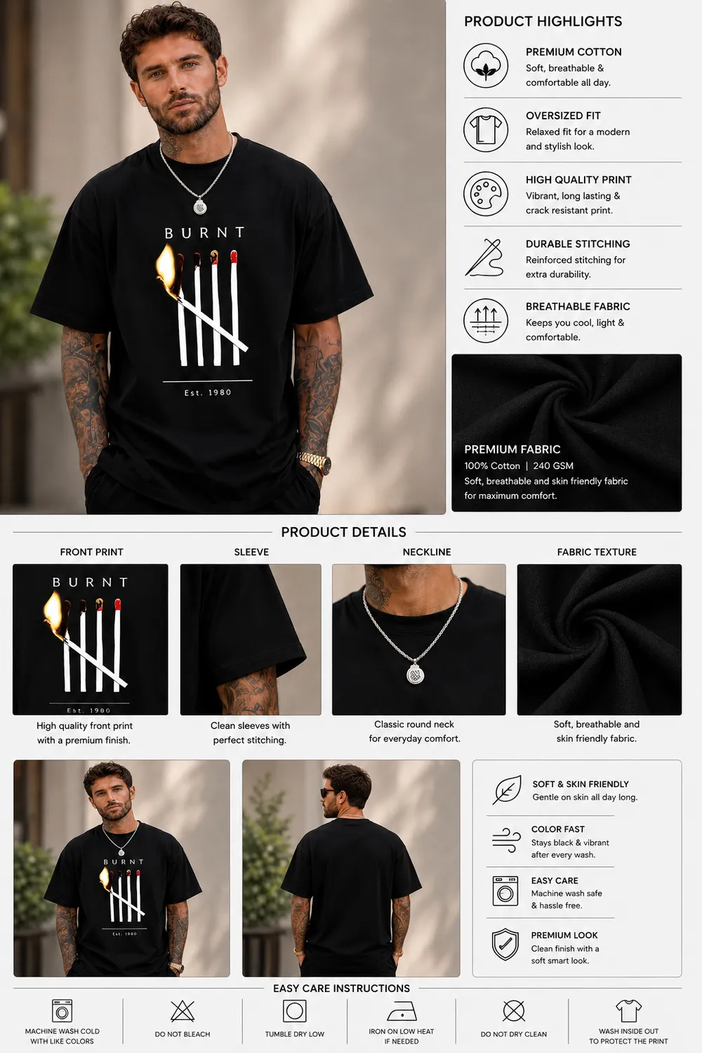 Burnt Matches Oversized Graphic T-Shirt - Black - Image 2