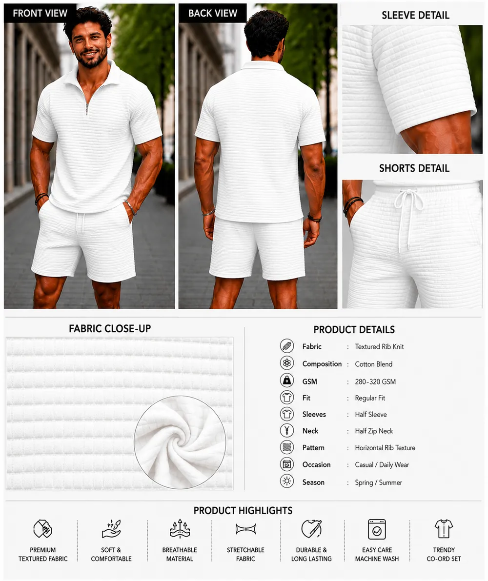  White Textured Zip Polo Co-Ord Set - Image 2