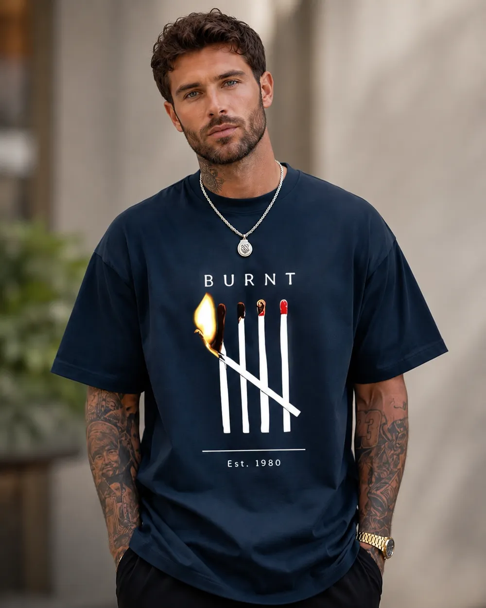 Burnt Matches Oversized Graphic T-Shirt – Navy Blue - Image 1