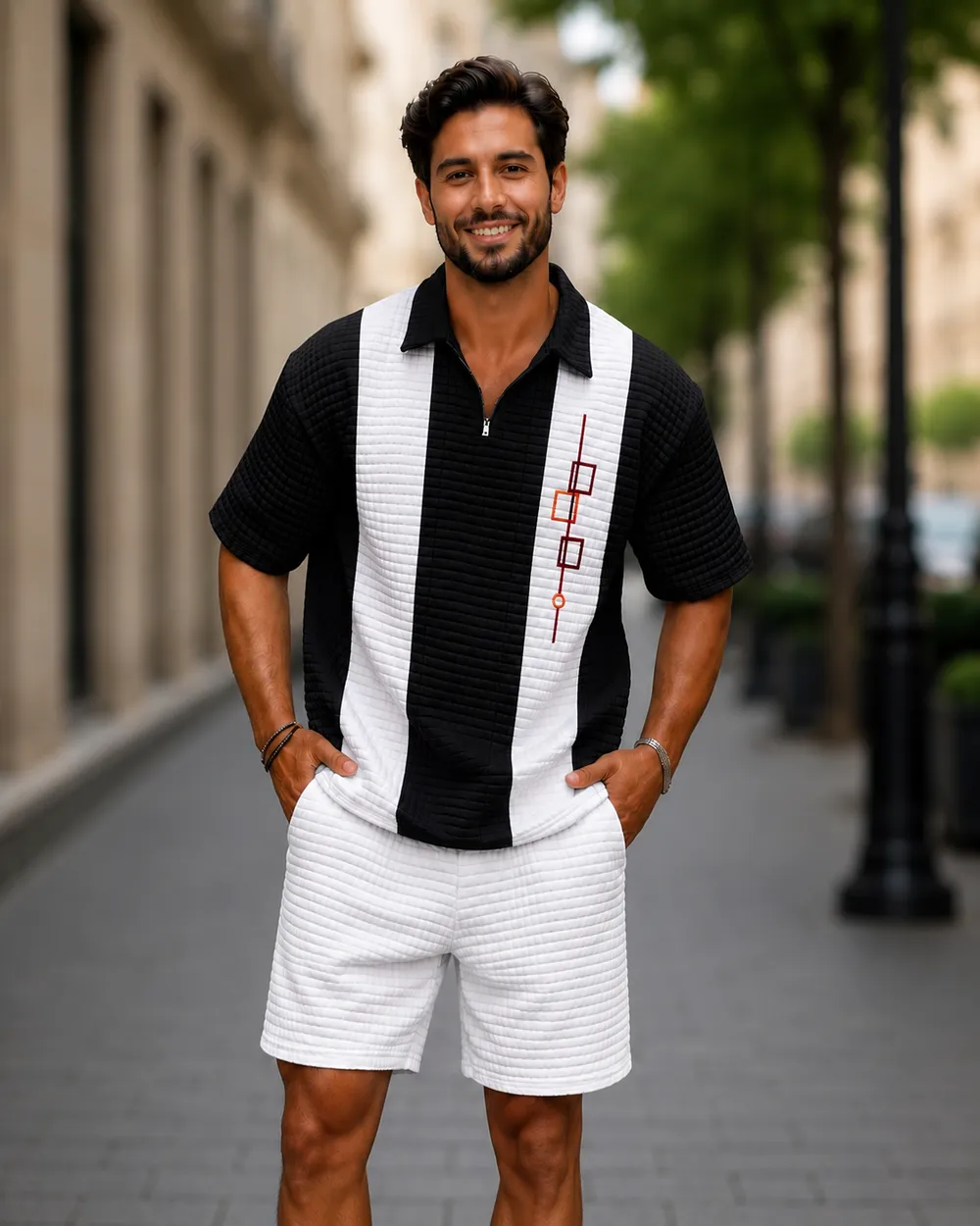  Black & White Textured Zip Polo Co-Ord Set