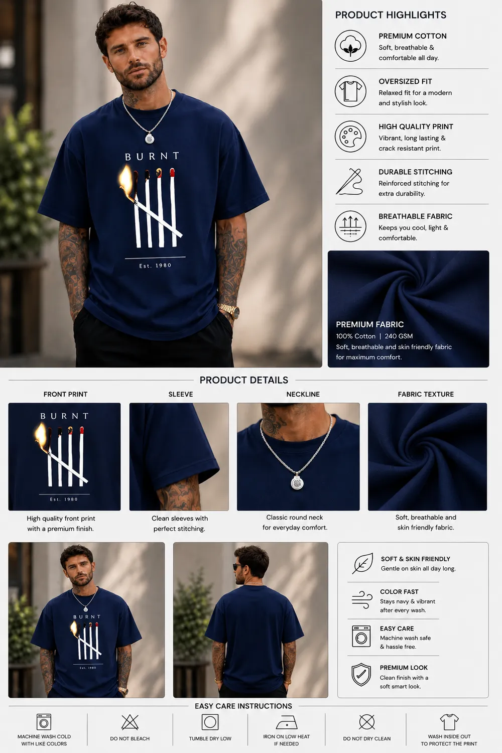 Burnt Matches Oversized Graphic T-Shirt – Navy Blue - Image 2