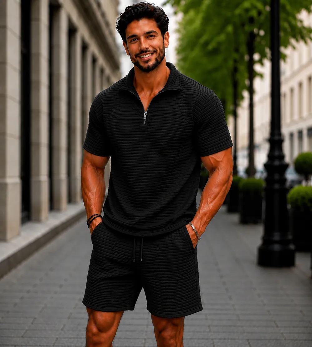 Black Textured Zip Polo Co-Ord Set