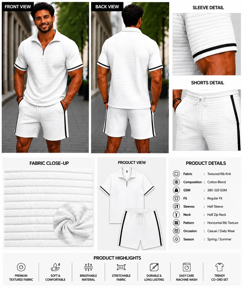 White Textured Stripe Zip Polo Co-Ord Set - Image 2
