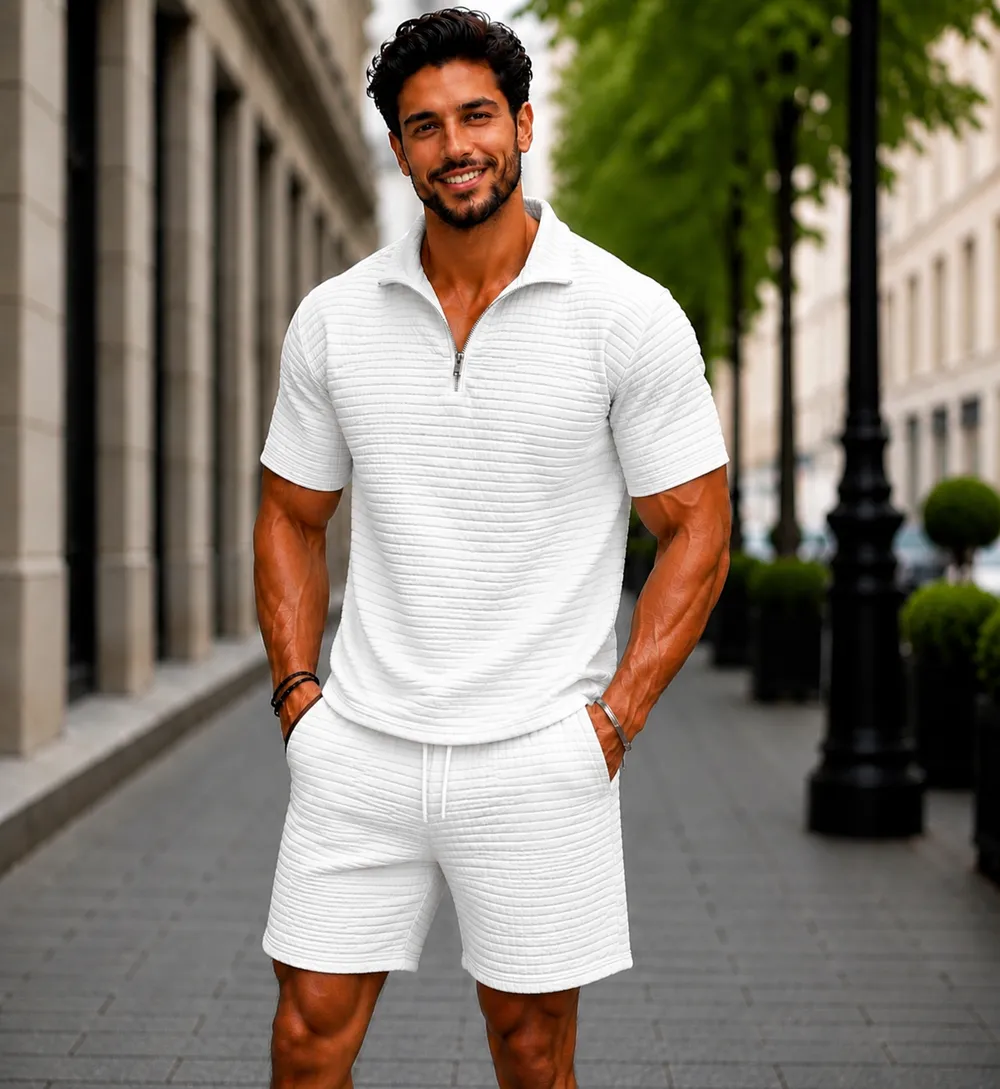  White Textured Zip Polo Co-Ord Set