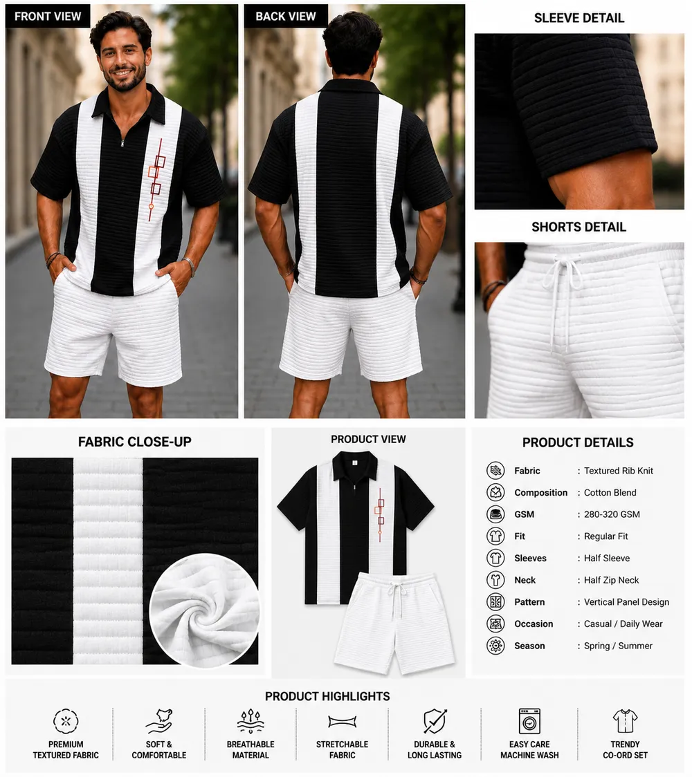  Black & White Textured Zip Polo Co-Ord Set - Image 2